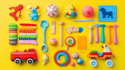 Different colorful children's toys on yellow background 