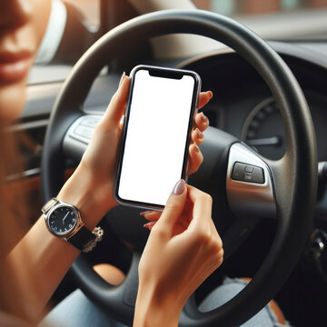 woman Driver holding phone transparent in hand with white screen on steering wheel background. ai generative