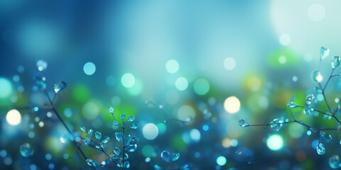 Green bokeh light nature background concept spring background. Abstract bright spring or summer landscape texture with natural green yellow bokeh lights and sunshine on blue sky. Beautiful backdrop. - obrazy, fototapety, plakaty