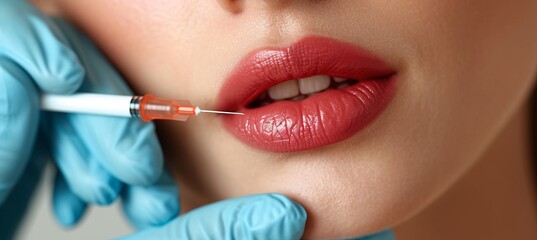 Aesthetic medicine  doctor administering local lip injection with copy space for text placement - obrazy, fototapety, plakaty