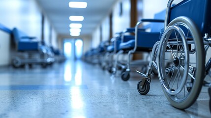 Empty wheelchairs lined up in hospital corridor with copy space, perfect for medical concepts - obrazy, fototapety, plakaty