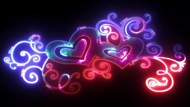 Glowing neon love heart shape with flower. Valentine's Day animation with hearts, Blue and purple background animation