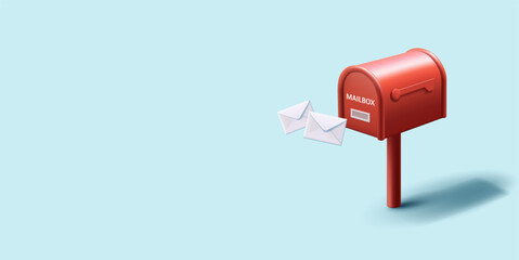 Vintage red mailboxes with envelopes next to it, post delivery composition, 3d render cartoon realistic style