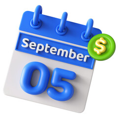 5th September Calendar with Icon Dollar 3d render