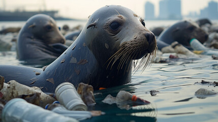 fur seals in the water among plastic bottles and garb. - obrazy, fototapety, plakaty