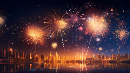 Happy New Year, burning fireworks with bokeh light background