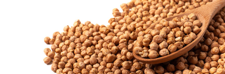 Dry organic chickpeas in a wooden spoon isolated on white background with copy space. Banner. Top view. 