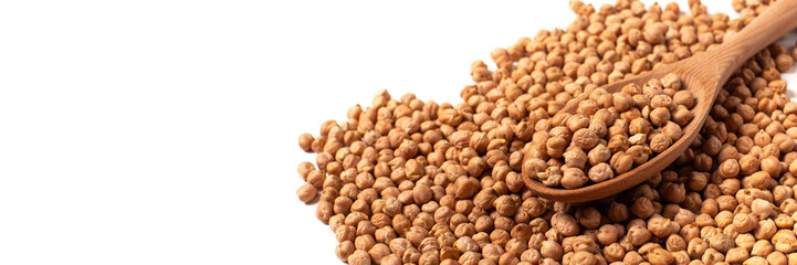 Dry organic chickpeas isolated on white background with copy space. Banner. Top view. 