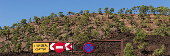 Panoramic image. Road closed due to forest fire. Teide National Park. Tenerife. Canary Islands. Spain