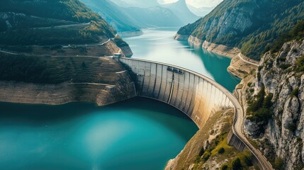 Water dam and reservoir lake aerial view in Alps mountains generating hydroelectricity. Architectural detail of the concrete dam. Copy space.