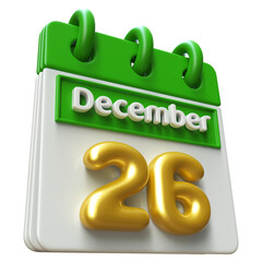 26th December Calendar Icon 3D Render