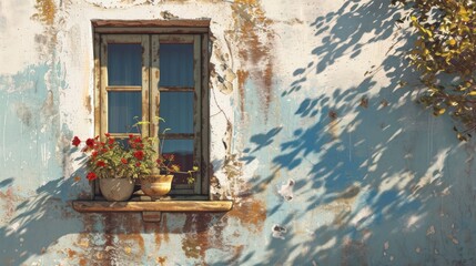  a window sill with a potted plant in front of it and a shadow of a tree on the side of the building on the side of the building.