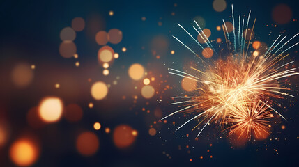 Naklejka premium Happy New Year, burning fireworks with bokeh light background