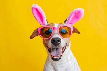 Funny cute dog celebrating with Happy Easter day on background.