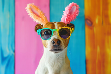 Funny cute dog celebrating with Happy Easter day on background.