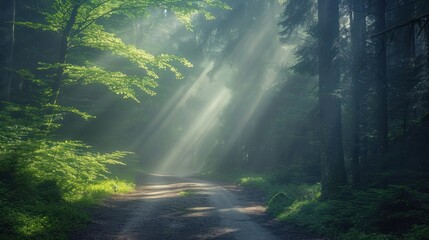  a dirt road in the middle of a forest with sunbeams shining through the trees on either side of the road is a dirt road that leads to a forest with lots of trees on both sides.