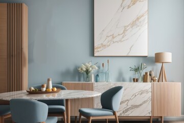 Interior home design of modern dining room with stone table and chairs wooden furniture with blue wall