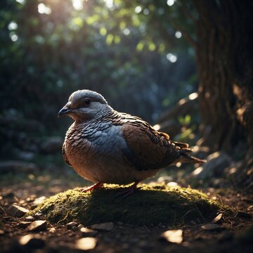 dove on the rock Pigeon standing on a wooden table in the morning light.