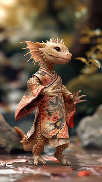 A realistic image of a baby dragon walking on its hind legs, wearing traditional chinese new year dress. The baby dragon appears lifelike, with realistic skin texture and natural colors.