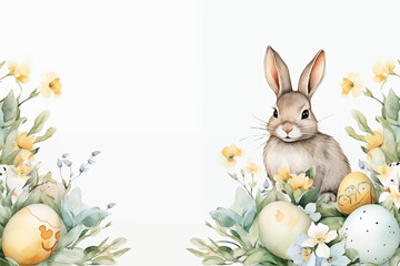 Fototapeta na wymiar Happy Easter watercolor card, banner, border with cute Easter rabbit, eggs, spring flowers and chick in pastel colors on light green white background. Isolated Easter watercolor decoration elements