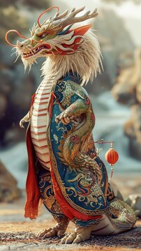 A realistic image of a dragon walking on its hind legs, wearing traditional chinese new year dress. The dragon appears lifelike, with realistic skin texture and natural colors.