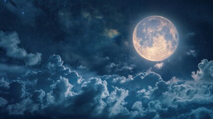  a full moon rising above the clouds in the night sky with stars and clouds in the foreground, with a dark blue sky with white clouds and a few stars in the foreground.