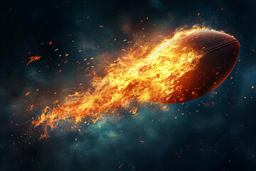 American football flying like a comet with trail of fire and smoke on night sky blue background