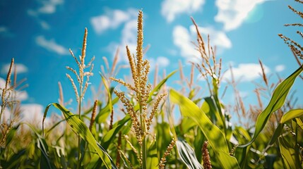 Beautiful scenic view on the field of corn. high grass plants and crops. blue sky in the background. Focus. Macro. wallpaper.