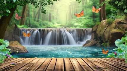 classic wooden dam in a river with waterfall. Primary forest in the background with some butterflies. Copy space. 