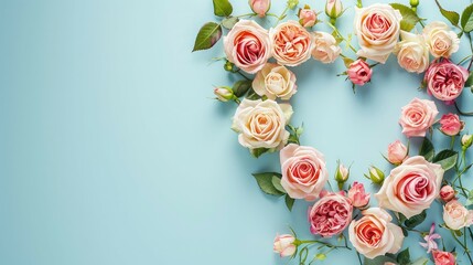 A heart shape hole from a pastel color background. Rose flowers inside the hole. Top view, flat lay. Banner. Spring, summer or garden concept.