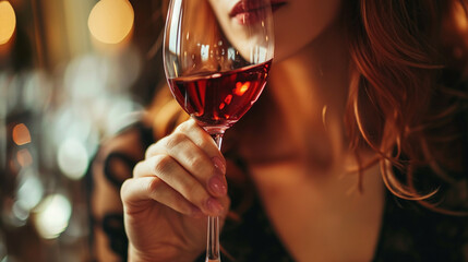 close-up of a girl drinking delicious red wine - obrazy, fototapety, plakaty