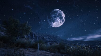  a full moon in the night sky over a mountain range with wildflowers in the foreground and a tree in the foreground with a mountain range in the background.