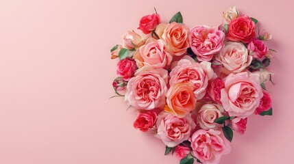 A heart shape hole from a pastel color background. Rose flowers inside the hole. Top view, flat lay. Banner. Spring, summer or garden concept.