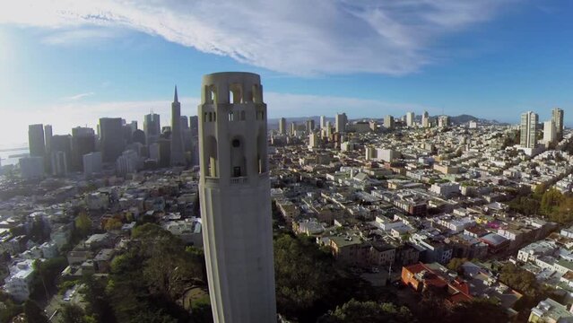 Coit Tower and cityscape at sunny day. Aerial view.