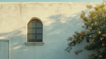  a white stucco building with a window and bars on the side of the building and a tree in front of it with a shadow on the side of the building.