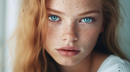 lose up portrait of young blonde with blue eyes with freckles. Portrait of girl with natural makeup