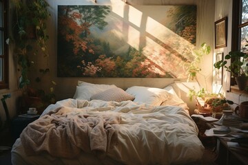 A bedroom with a wall-sized artwork, a cozy bed layered with bedding and a potted plant in the corner. Generative AI