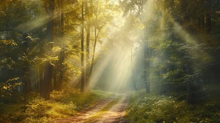  a dirt road in the middle of a forest with sunbeams shining through the trees on either side of the dirt road and trees on either side of the road.