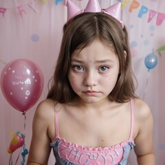 Obraz na płótnie Canvas Beautiful little girl and her sad birthday.