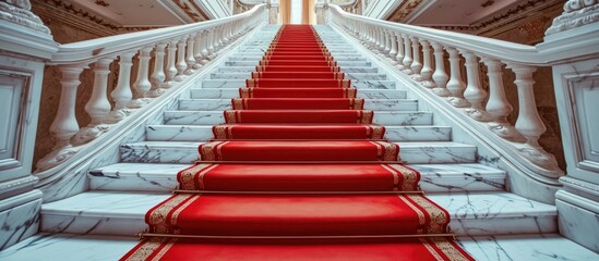 Marble stairs with a red carpet.