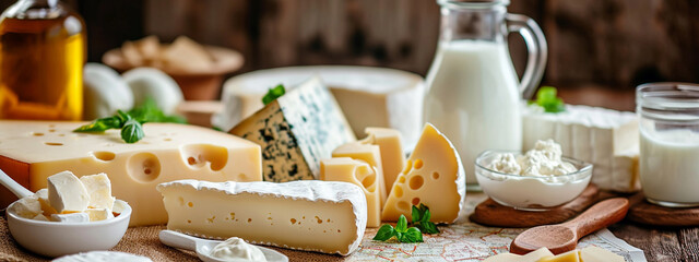 various dairy products, milk and cheese. Close up on a wooden background - obrazy, fototapety, plakaty