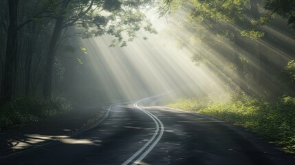Obraz premium a road in the middle of a forest with sunbeams shining through the trees on the other side of the road is a curved road with a line of trees on both sides.