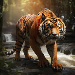 A tiger walking in a forest - obrazy, fototapety, plakaty