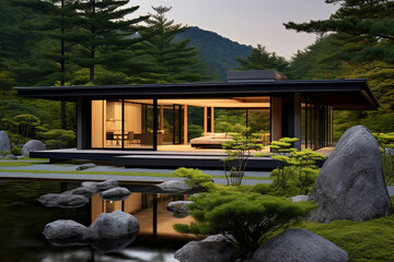Japanese style modern cottage with large windows, minimalist garden, landscape design, natural stone, mountain background
