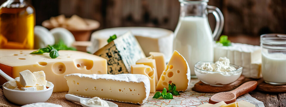 various dairy products, milk and cheese. Close up on a wooden background