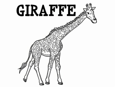 a giraffe coloring page for kids,with the text "GIRAFFE"