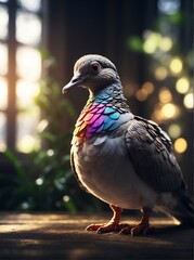 Pigeon standing on a wooden table in the morning light.
