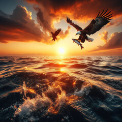 An eagle is hunting a fish from above the seawater Ai generated art