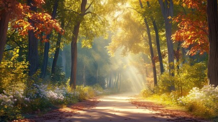  a painting of a road in a forest with sunbeams coming through the trees and flowers on both sides of the road, with the sunbeams shining through the trees.