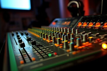 Close-up of a sound mixer's colorful controls in a recording studio, highlighting the precision tools of audio production.